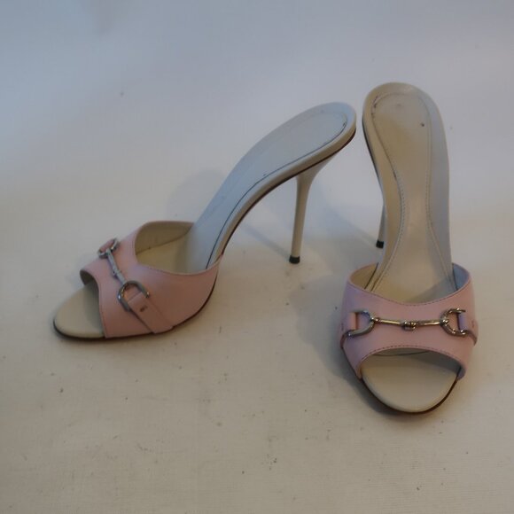 Womens Gucci Pink Stiletto Heel Open Toe Leather Sandal Mule Heels 38.5 US/8.5 - Picture 1 of 11